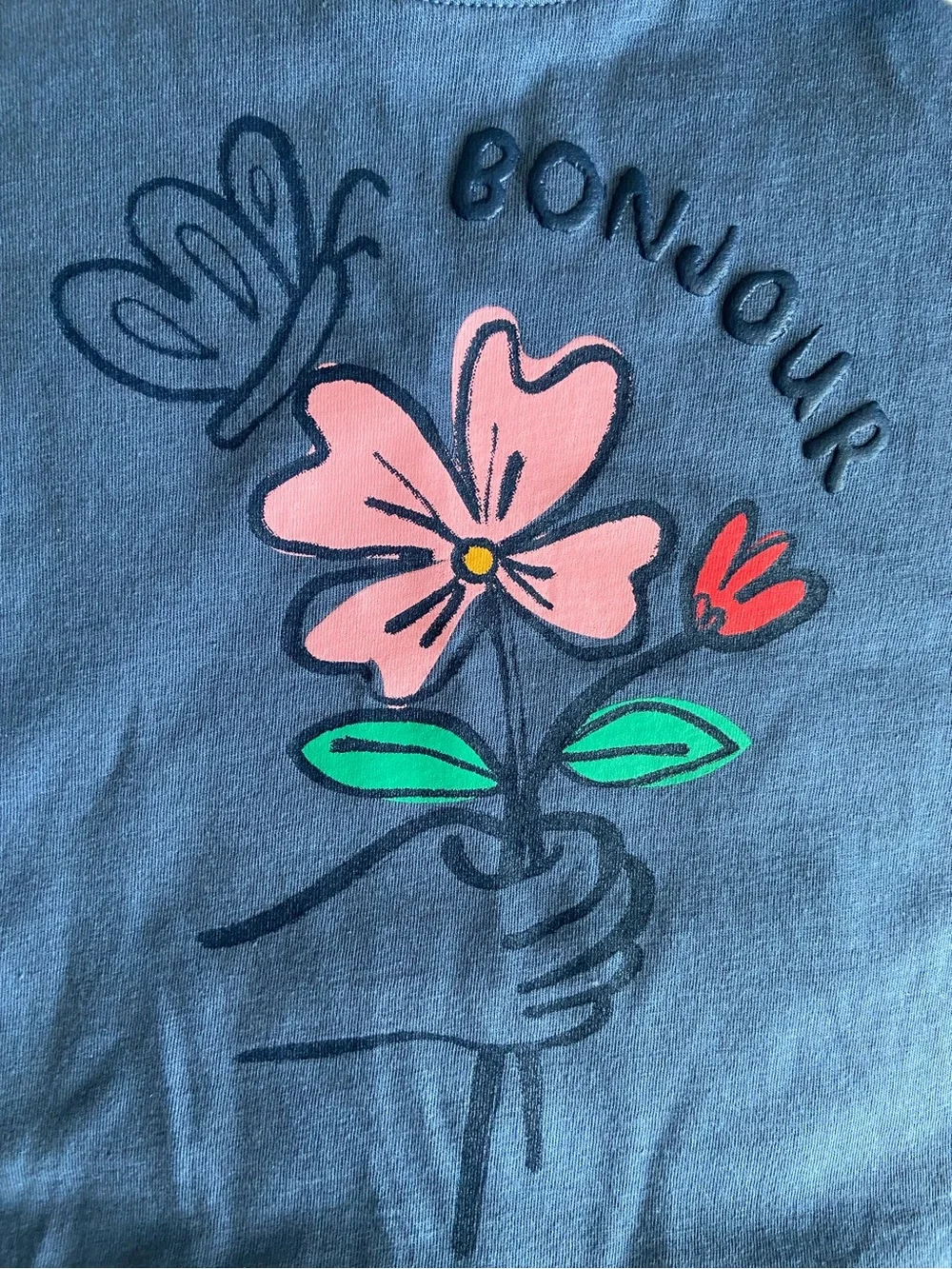NWT Kids Blue 'Bonjour' Flower Graphic Tee (Size 2T)